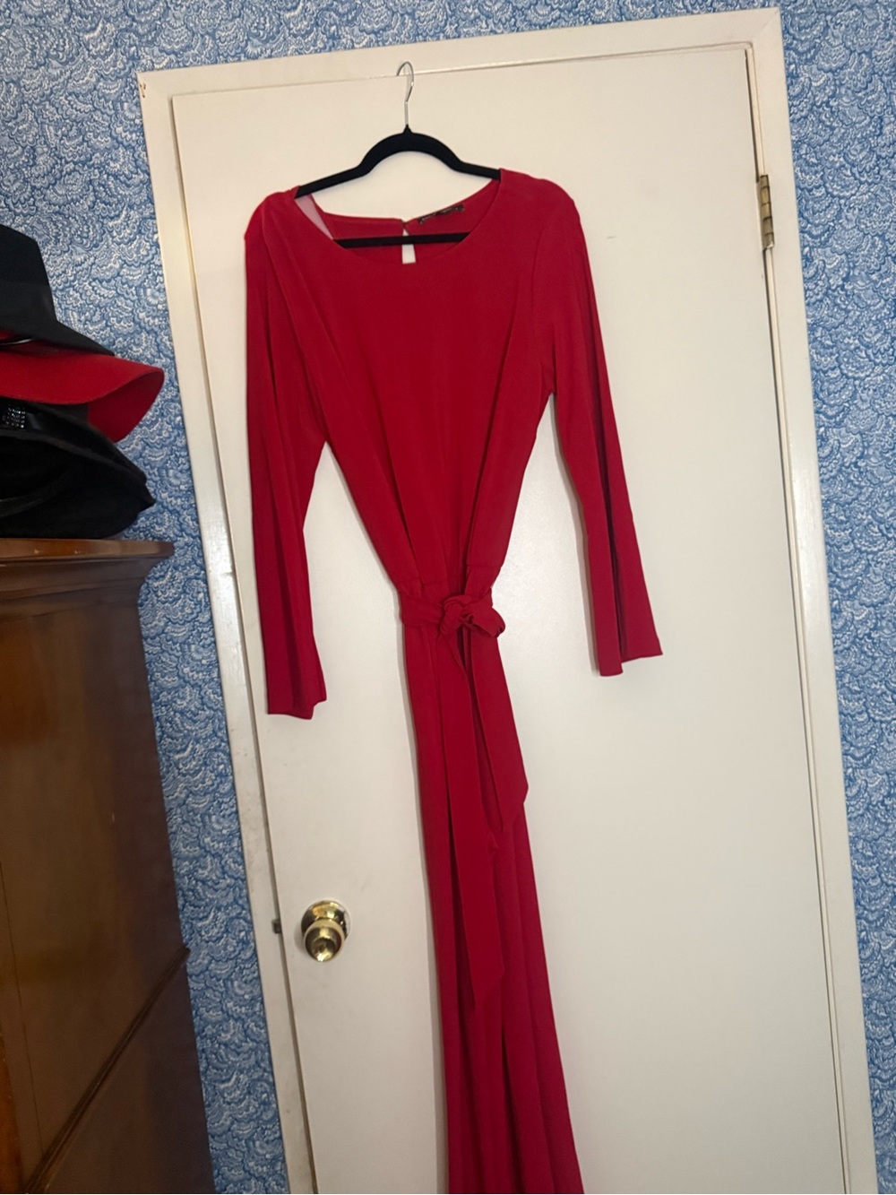 Boston Proper Red Long Sleeve Tie-Waist Maxi Dress